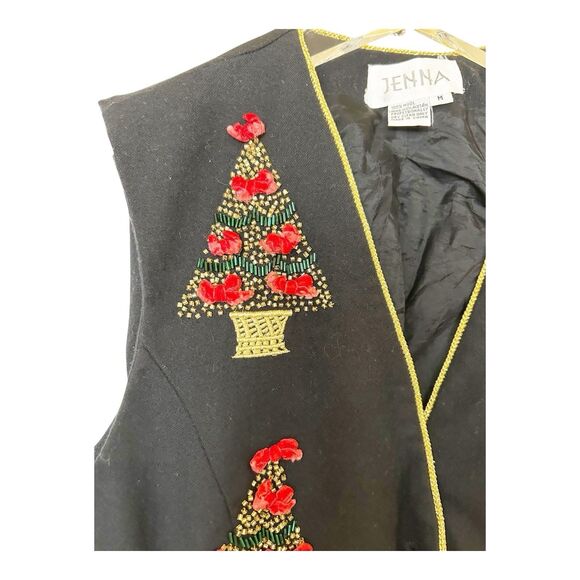 JENNA VTG Bow Beaded Christmas Tree Topiary Wool Vest Sz M - Picture 2 of 5
